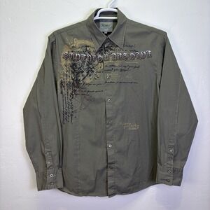 Roar Distressed Superior Resolve Button Up Shirt Size XLKhaki Embroidery Graphic